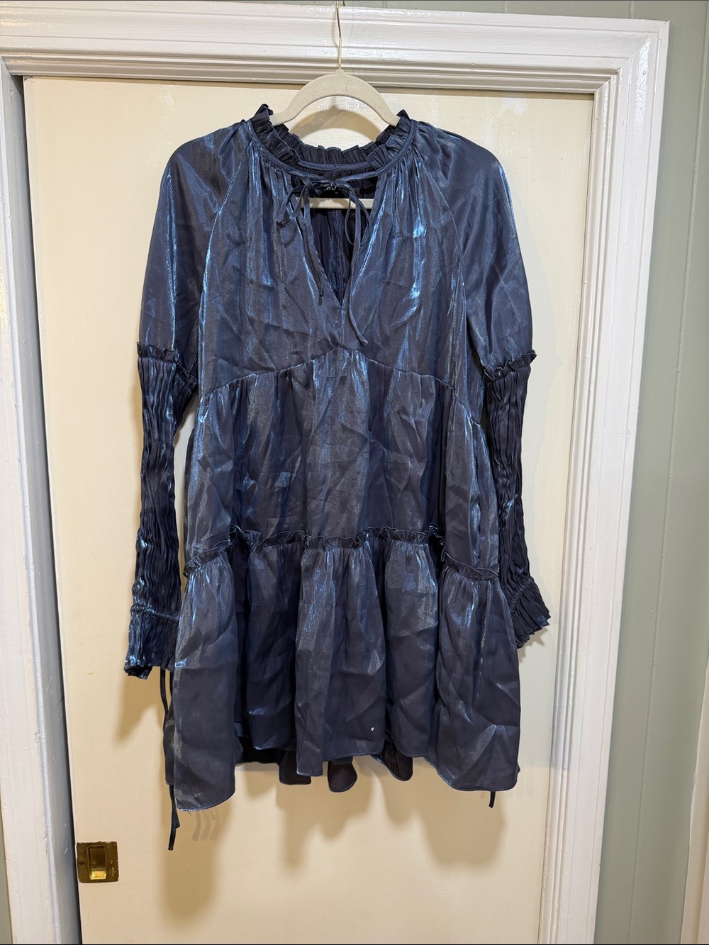 fab'rik Shimmery Navy Tiered Dress with Smocked Sleeves